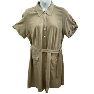 Y2K White Stag Womens 2XL Linen Button-Down Belted Shirt Dress Tan Minimalistic